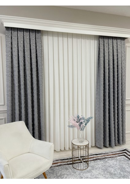 Açık Gri Renk Ponponlu Pufy Fon Perde 1/3 Sık Pile