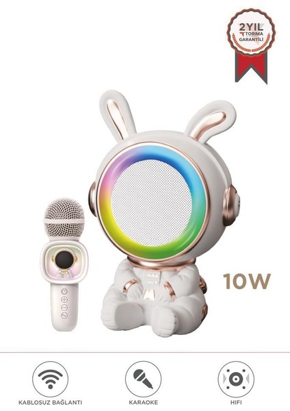 Kıdmıc-05 Beyaz Rgb Tavşan Figürlü Mikrofonlu Karaoke Bluetooth Hoparlör