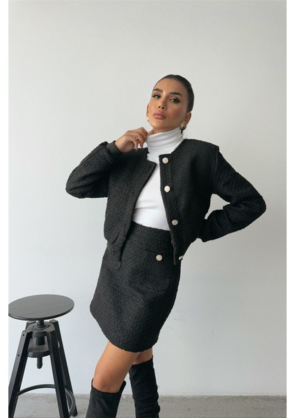 Chanel Crop Ceket-Kısa Etek Takım - Siyah