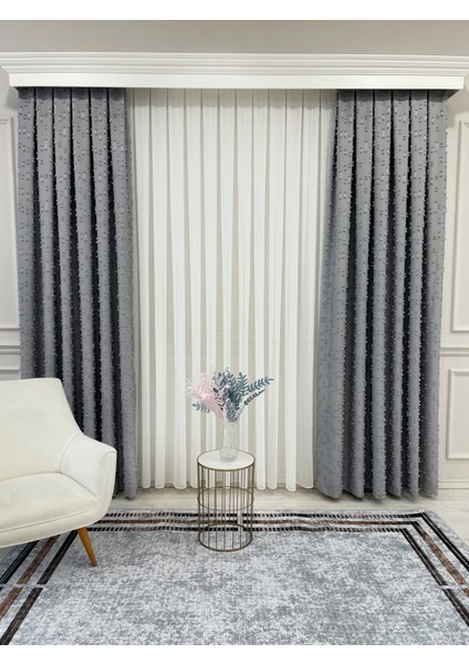 Açık Gri Renk Ponponlu Pufy Fon Perde 1/3 Sık Pile