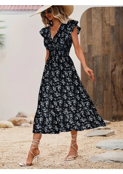 Kadın Kısa Kollu Kruvaze Yakalı Beli Lastikli Çiçek Desenli Elbise fiyatları