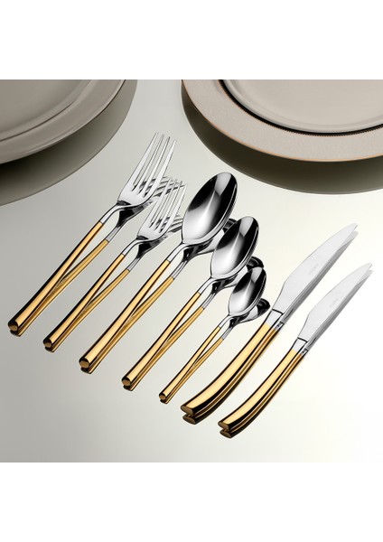 Elegance Altın Sade 12 Kişilik 84 Parça Kutulu Çatal Kaşık Bıçak Takımı
