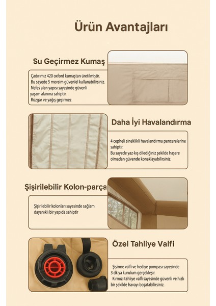 Şişme Kamp Çadırı 5 Mevsim 300X250X210 cm 4-6 Kişilik Çadır Pompalı Baca Çıkışlı Tavan Manzaralı