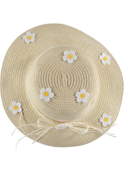 5/10 Yaş Kız Papatya Hasır Fötr Şapka-52 cm Bej