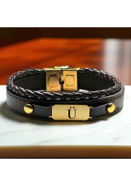 14 Ayar Plakalı Altın Ü Harfine Özel Oval Motifli Koyu Kahverengi Derili Hediye BILEKLIK-602HARF fiyatları