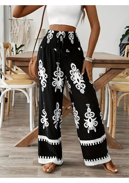 Kadın Yüksek Bel Büzgülü Etnik Desen Baskılı Süprem Pantolon fiyatları