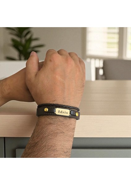 14 Ayar Altın Plakalı Idris Ismine Özel Kahverengi Derili Oval Motifli Hediye BILEKLIK-602ISIM