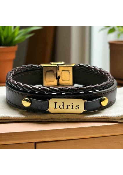 14 Ayar Altın Plakalı Idris Ismine Özel Kahverengi Derili Oval Motifli Hediye BILEKLIK-602ISIM fiyatları