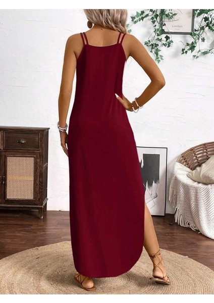 Kadın Askılı Yuvarlak Yaka Asimetrik Detaylı Viskon Elbise modelleri