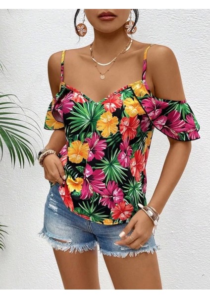 Şık Çiçek Desenli Askılı Kadın Bluz