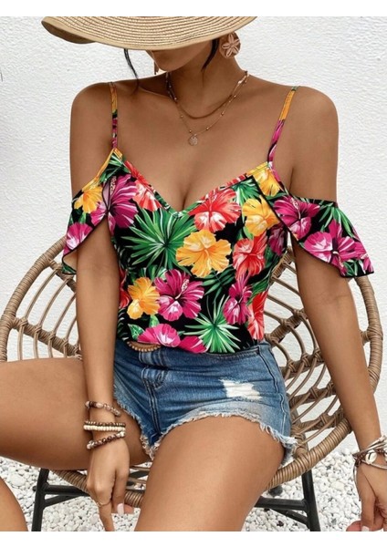 Şık Çiçek Desenli Askılı Kadın Bluz modelleri