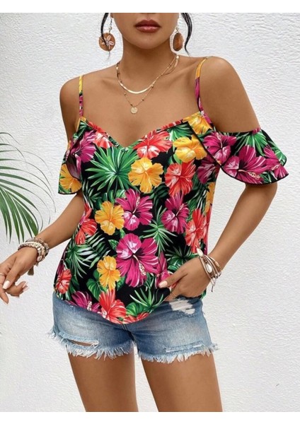 Şık Çiçek Desenli Askılı Kadın Bluz fırsatları
