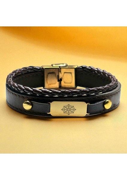 14 Ayar Plakalı Altın Dharma Çarkı Temalı Oval Motifli Kahverengi Derili Hediye BILEKLIK-602SEMBOL fiyatları