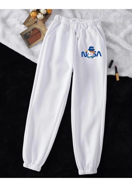 Rahat Kalıp Paça Lastikli Cepli Nasa Bear Baskılı Jogger Alt Eşofman