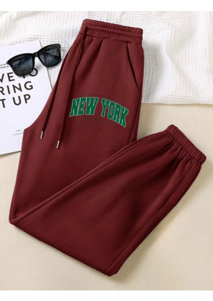 Rahat Kalıp Paça Lastikli Cepli Yeşil New York Baskılı Jogger Alt Eşofman