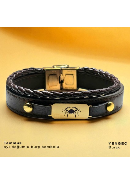 14 Ayar Plakalı Altın Yengeç Burçları Için Oval Motifli Kahverengi Derili Hediye BILEKLIK-602BURÇ fiyatları