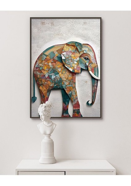 Metal Çerçeveli Gerçek Camlı Tablo Mozaik Desenli Fil