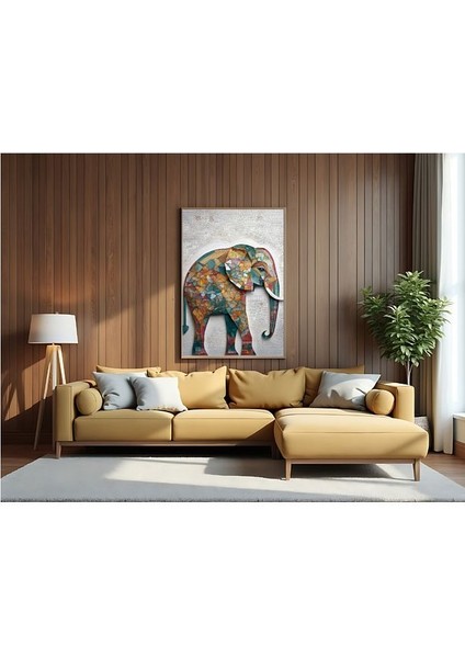 Metal Çerçeveli Gerçek Camlı Tablo Mozaik Desenli Fil