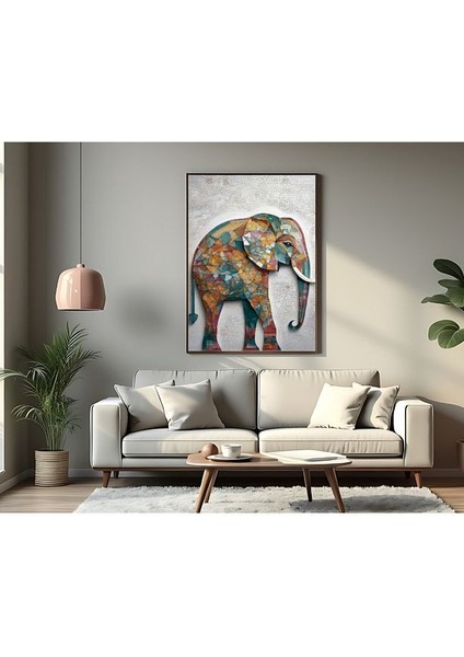 Metal Çerçeveli Gerçek Camlı Tablo Mozaik Desenli Fil