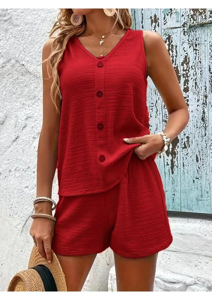 Kadın Askılı Kolsuz V Yakalı Önden Düğmeli Bürümcük Bluz ve Short Ikili Takım indirimleri
