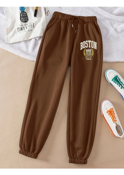 Rahat Kalıp Paça Lastikli Cepli Boston Baskılı Jogger Alt Eşofman