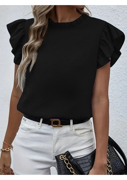 Kadın Kısa Kollu Fırfır Yakalı Bürümcük Bluz modelleri