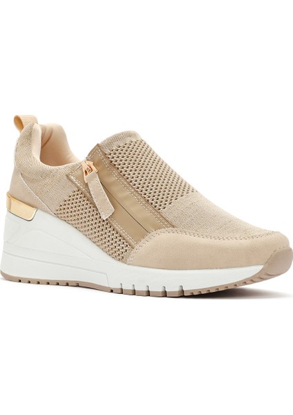 Zero Kadın Bej Fermuarlı Dolgu Topuklu Kumaş Sneaker 24WFD43086F