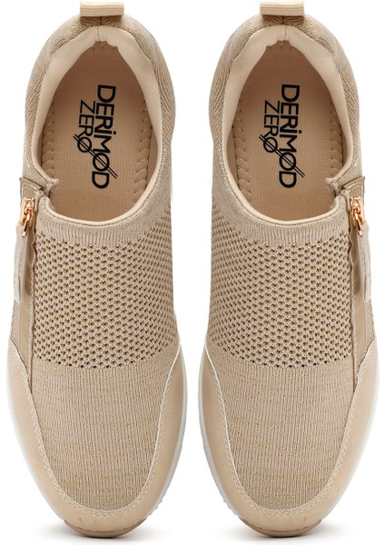 Zero Kadın Bej Fermuarlı Dolgu Topuklu Kumaş Sneaker 24WFD43086F