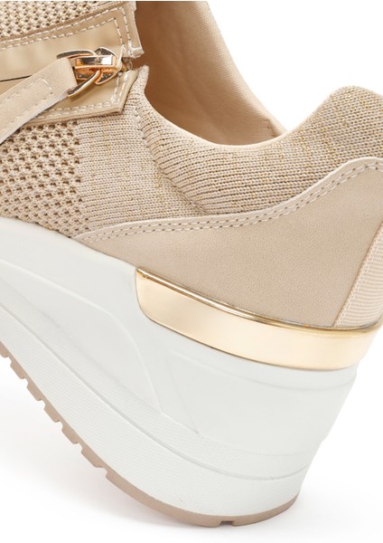 Zero Kadın Bej Fermuarlı Dolgu Topuklu Kumaş Sneaker 24WFD43086F