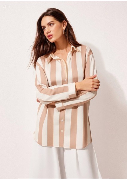 Kadın Krem Çizgili Saten Gömlek HZL23S-BD1201731 fırsatları