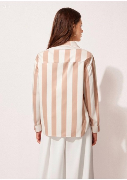 Kadın Krem Çizgili Saten Gömlek HZL23S-BD1201731 indirimleri