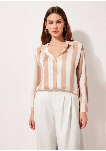 Kadın Krem Çizgili Saten Gömlek HZL23S-BD1201731