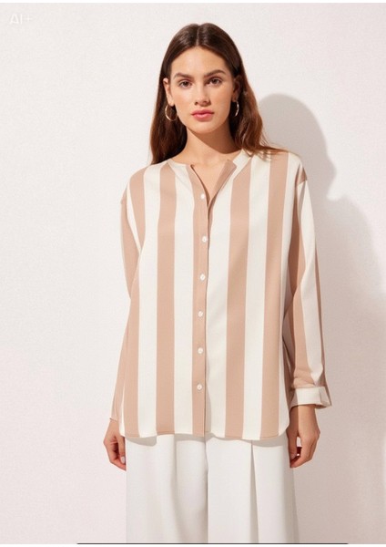 Kadın Krem Çizgili Saten Gömlek HZL23S-BD1201731 fiyatları