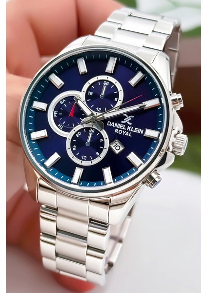 Erkek Kol Saati Takvimli Çelik Kordon Çelik Kasa 3 Atm Su Geçirmez Gümüş-Mavi zmdk1143