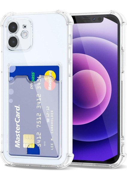 iPhone 12 Uyumlu Köşeleri Çıkıntılı Kartlıklı Şeffaf Kılıf