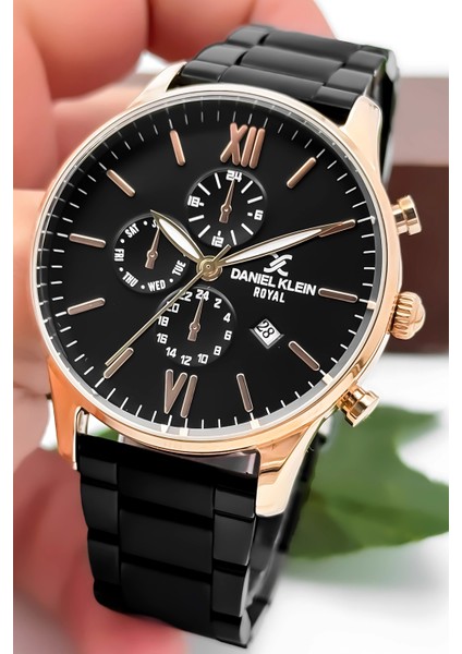 Erkek Kol Saati Takvimli Çelik Kordon Çelik Kasa Siyah-Rose Bileklik Hediyesi İle zmdk1134