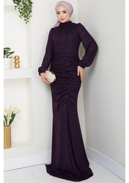 Puantiye Desenli Rüya Tesettür Abiye Mürdüm