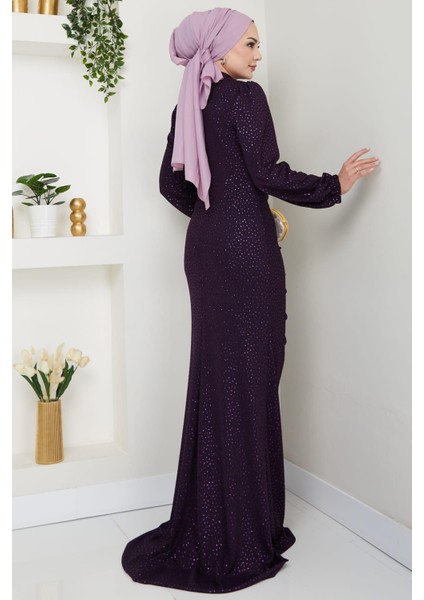 Puantiye Desenli Rüya Tesettür Abiye Mürdüm modelleri