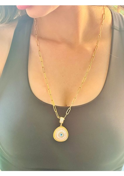 Zirkon Taş Işleme Nazar Boncuğu Göz Çelik Kolye 32 cm