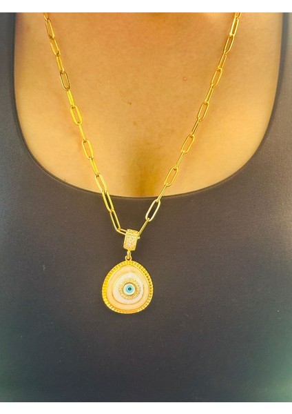 Zirkon Taş Işleme Nazar Boncuğu Göz Çelik Kolye 32 cm fiyatları