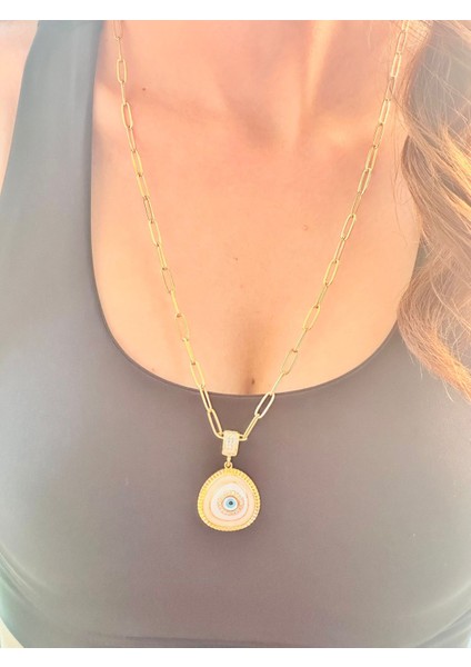 Zirkon Taş Işleme Nazar Boncuğu Göz Çelik Kolye 32 cm modelleri