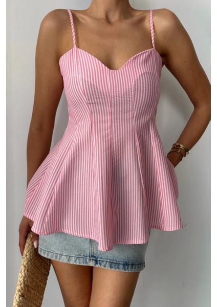 Çizgili Gofre Askılı Pens Detaylı Bluz - Pembe