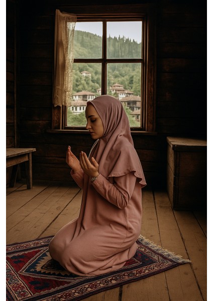 Tek Parça Başörtülü Düz Renk Kadın Tesettür Namaz Elbisesi