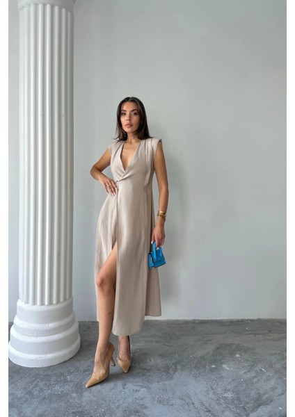 Kruvaze Vatkalı Kolsuz Elbise Modal Kumaş - Bej fırsatları