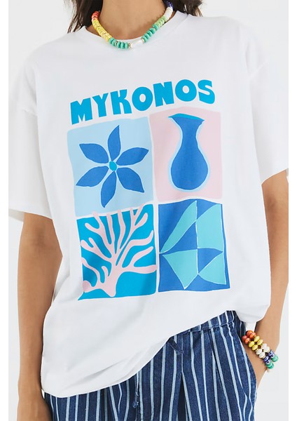 Kadın Oversize Tişört – Beyaz – %100 Pamuk – Mykonos Temalı Yazlık Rahat Kalıp modelleri