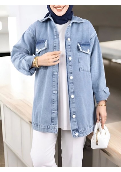 Kapaklı Cepli Puntolu Kot Ceket -Buz Mavi