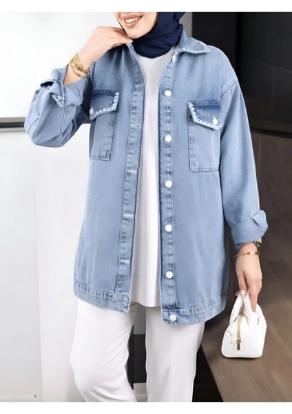 Kapaklı Cepli Puntolu Kot Ceket -Buz Mavi fiyatları