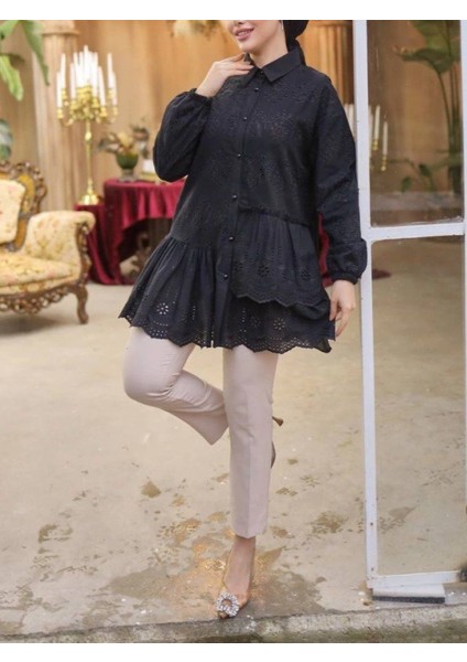 Fırfır ve Fisto Detaylı Inci Düğmeli Gömlek -Siyah fiyatları