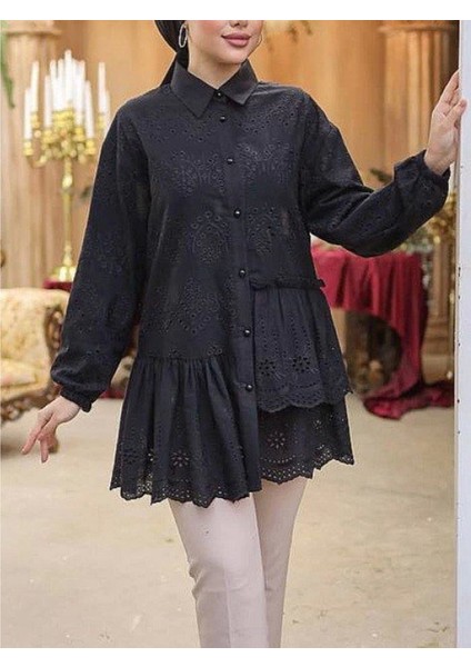 Fırfır ve Fisto Detaylı Inci Düğmeli Gömlek -Siyah modelleri