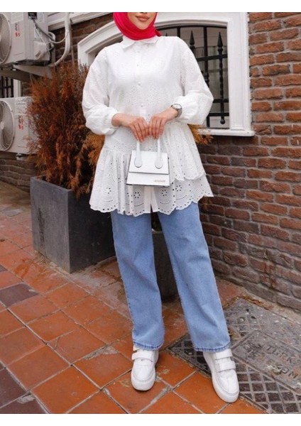 Fırfır ve Fisto Detaylı Inci Düğmeli Gömlek -Beyaz